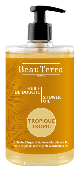 HUILE DE DOUCHE Tropical Fl pompe/750ml L’huile de douche BeauTerra est un soin douche qui combine l’huile d’argan et l’huile de macadamia BIO. Au contact de l’eau, ces huiles se transforment en une délicate mousse. Son parfum Tropique est le fruit d’un s